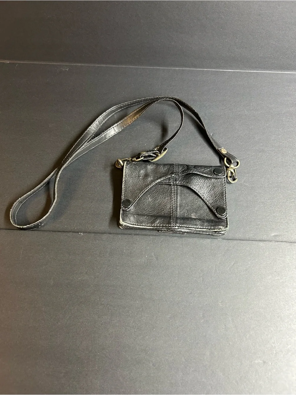 Women's Black Leather Crossbody Wallet  w/ snap closure & slim adjustable strap